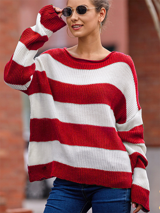 Round Neck Long Sleeve Colorblocked Striped Knit Sweater Flare Sleeve Sweater-[Adult]-[Female]-Red-S-2022 Online Blue Zone Planet