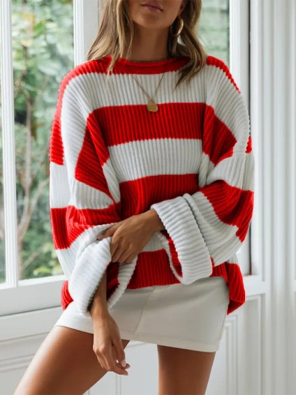 Round Neck Long Sleeve Colorblocked Striped Knit Sweater Flare Sleeve Sweater-[Adult]-[Female]-2022 Online Blue Zone Planet