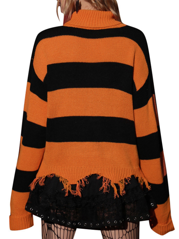 Blue Zone Planet | Halloween Bat Embroidery Turtleneck Sweater Loose Retro Clashing Stripe Knit Sweater-TOPS / DRESSES-[Adult]-[Female]-2022 Online Blue Zone Planet