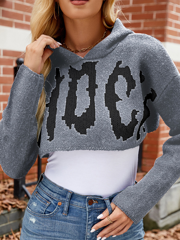 Blue Zone Planet | Halloween Sweater Letter Jacquard Long Sleeve Hoodie Pullover Short Knit Top-TOPS / DRESSES-[Adult]-[Female]-Grey-S-2022 Online Blue Zone Planet