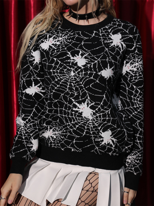 Blue Zone Planet | Halloween Black Spider Jacquard Crew Neck Loose Long Sleeve Knit Sweater-TOPS / DRESSES-[Adult]-[Female]-2022 Online Blue Zone Planet