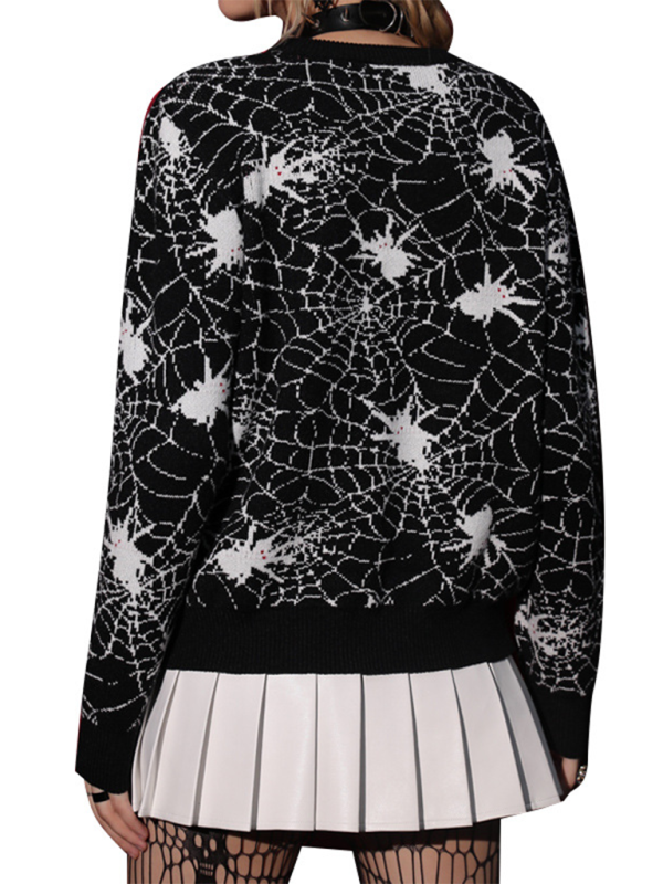 Blue Zone Planet | Halloween Black Spider Jacquard Crew Neck Loose Long Sleeve Knit Sweater-TOPS / DRESSES-[Adult]-[Female]-2022 Online Blue Zone Planet