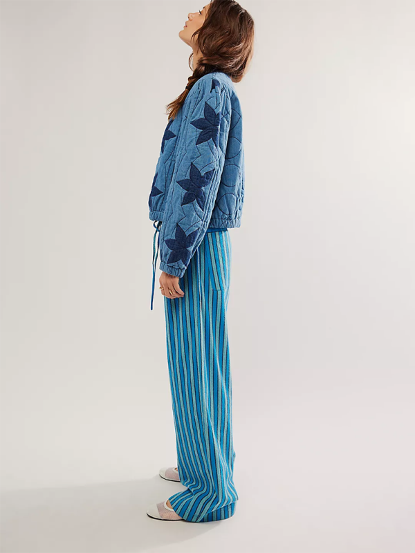 Low Rise Casual Striped Wide Leg Pants Drawstring Straight Leg Pants-[Adult]-[Female]-2022 Online Blue Zone Planet