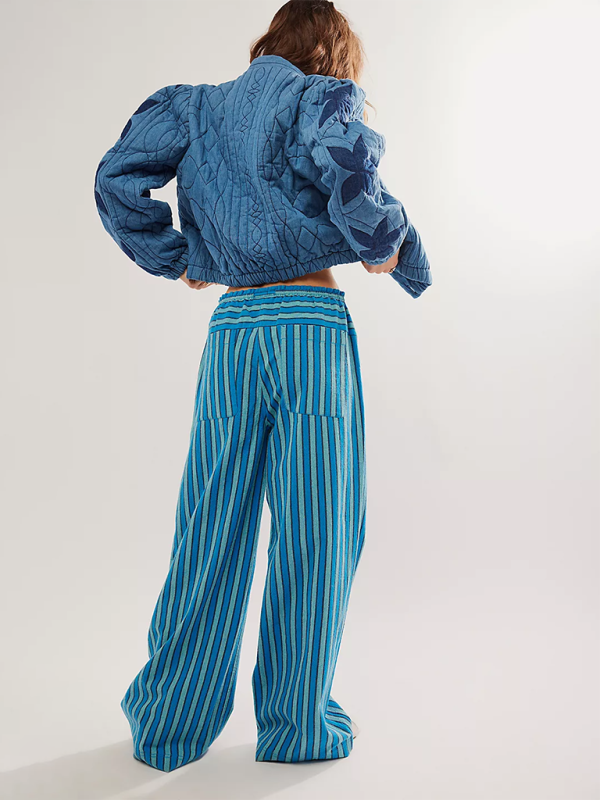 Low Rise Casual Striped Wide Leg Pants Drawstring Straight Leg Pants-[Adult]-[Female]-2022 Online Blue Zone Planet