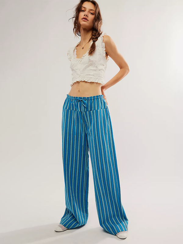 Low Rise Casual Striped Wide Leg Pants Drawstring Straight Leg Pants-[Adult]-[Female]-Blue-S-2022 Online Blue Zone Planet