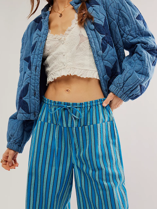 Low Rise Casual Striped Wide Leg Pants Drawstring Straight Leg Pants-[Adult]-[Female]-2022 Online Blue Zone Planet