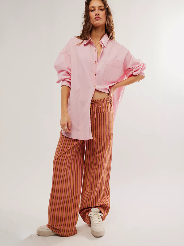 Low Rise Casual Striped Wide Leg Pants Drawstring Straight Leg Pants-[Adult]-[Female]-2022 Online Blue Zone Planet