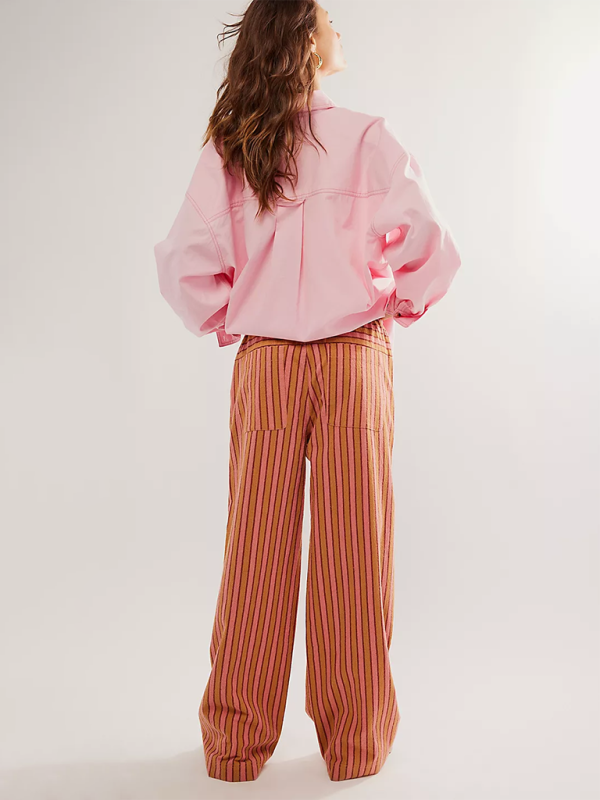 Low Rise Casual Striped Wide Leg Pants Drawstring Straight Leg Pants-[Adult]-[Female]-2022 Online Blue Zone Planet