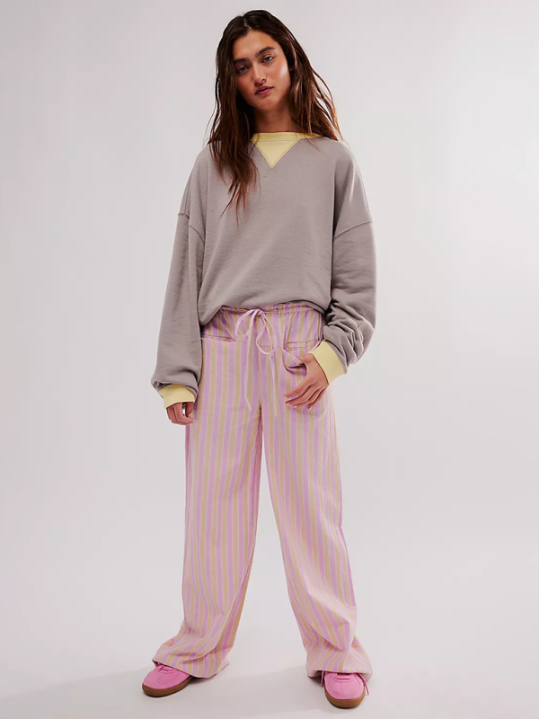 Low Rise Casual Striped Wide Leg Pants Drawstring Straight Leg Pants-[Adult]-[Female]-2022 Online Blue Zone Planet