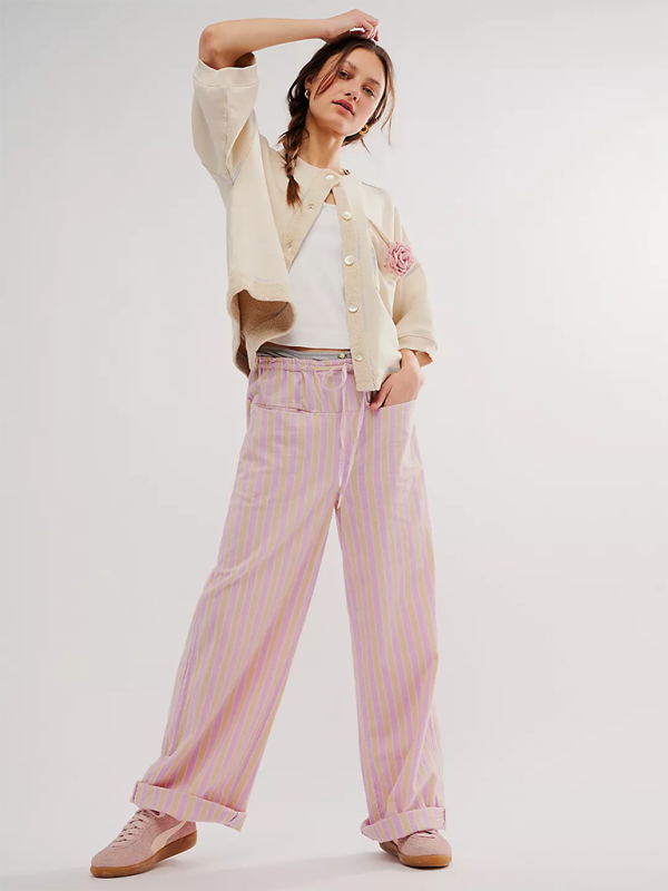 Low Rise Casual Striped Wide Leg Pants Drawstring Straight Leg Pants-[Adult]-[Female]-Pink-S-2022 Online Blue Zone Planet