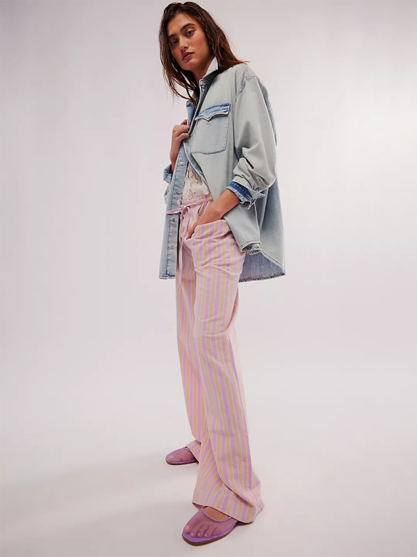 Low Rise Casual Striped Wide Leg Pants Drawstring Straight Leg Pants-[Adult]-[Female]-2022 Online Blue Zone Planet