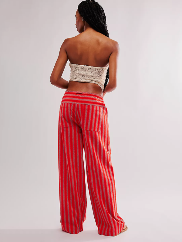 Low Rise Casual Striped Wide Leg Pants Drawstring Straight Leg Pants-[Adult]-[Female]-2022 Online Blue Zone Planet