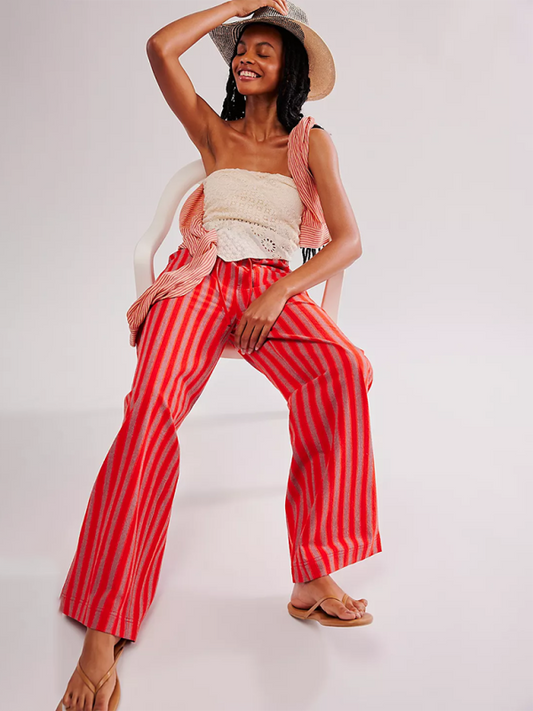 Low Rise Casual Striped Wide Leg Pants Drawstring Straight Leg Pants-[Adult]-[Female]-Red-S-2022 Online Blue Zone Planet