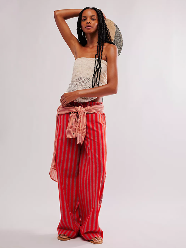 Low Rise Casual Striped Wide Leg Pants Drawstring Straight Leg Pants-[Adult]-[Female]-2022 Online Blue Zone Planet