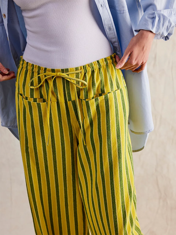 Low Rise Casual Striped Wide Leg Pants Drawstring Straight Leg Pants-[Adult]-[Female]-2022 Online Blue Zone Planet