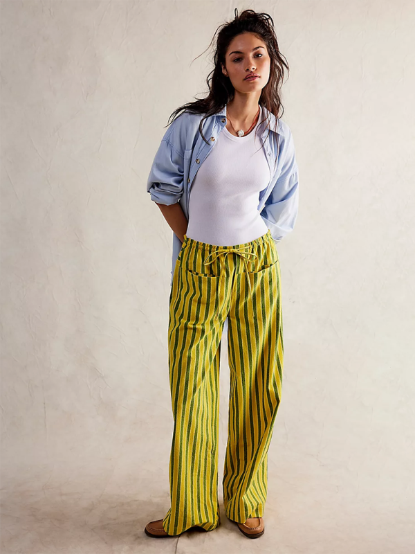 Low Rise Casual Striped Wide Leg Pants Drawstring Straight Leg Pants-[Adult]-[Female]-Yellow-S-2022 Online Blue Zone Planet