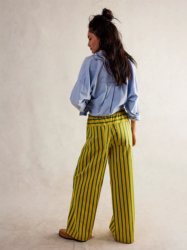 Low Rise Casual Striped Wide Leg Pants Drawstring Straight Leg Pants-[Adult]-[Female]-2022 Online Blue Zone Planet