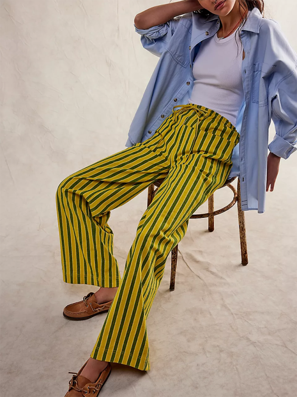 Low Rise Casual Striped Wide Leg Pants Drawstring Straight Leg Pants-[Adult]-[Female]-2022 Online Blue Zone Planet