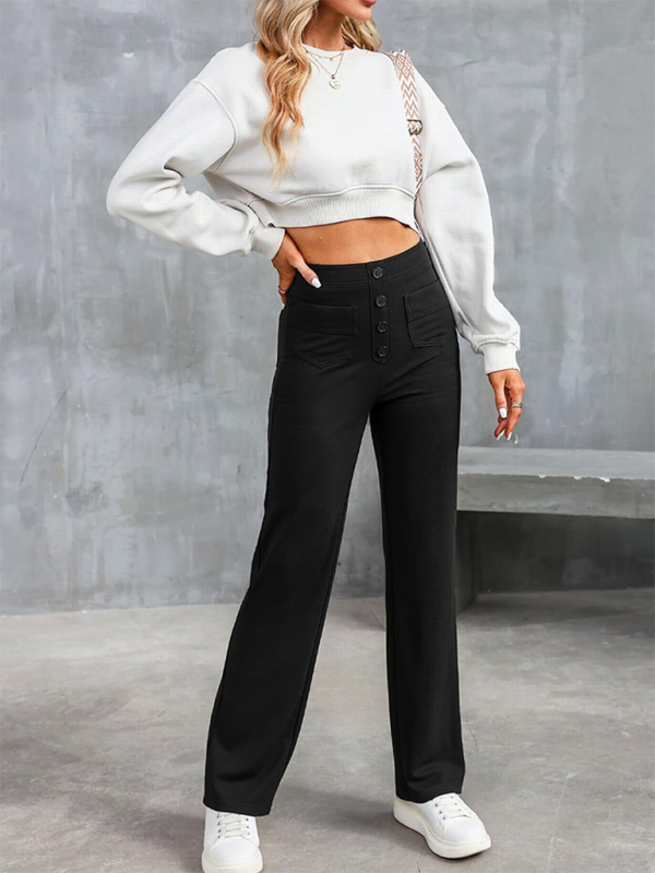 New Women's Casual High Waist Button Straight Leg Pants-[Adult]-[Female]-Black-S-2022 Online Blue Zone Planet