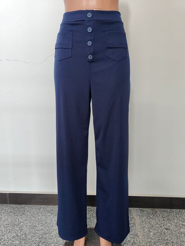 New Women's Casual High Waist Button Straight Leg Pants-[Adult]-[Female]-Purplish blue navy-M-2022 Online Blue Zone Planet