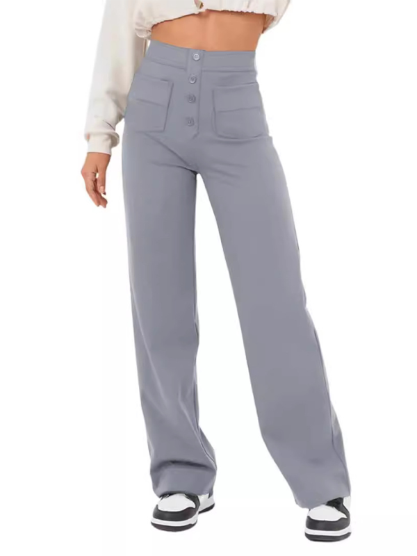 New Women's Casual High Waist Button Straight Leg Pants-[Adult]-[Female]-2022 Online Blue Zone Planet