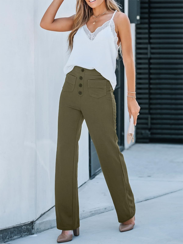 New Women's Casual High Waist Button Straight Leg Pants-[Adult]-[Female]-2022 Online Blue Zone Planet