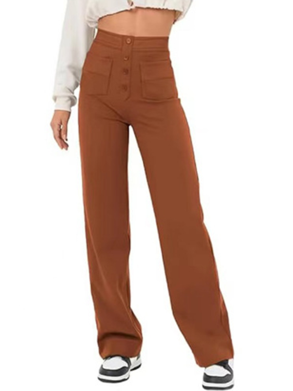 New Women's Casual High Waist Button Straight Leg Pants-[Adult]-[Female]-caramel-S-2022 Online Blue Zone Planet