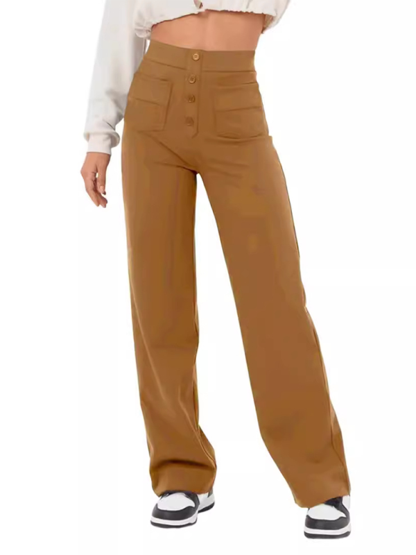 New Women's Casual High Waist Button Straight Leg Pants-[Adult]-[Female]-Khaki-S-2022 Online Blue Zone Planet