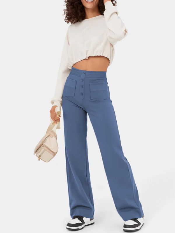 New Women's Casual High Waist Button Straight Leg Pants-[Adult]-[Female]-Clear blue-S-2022 Online Blue Zone Planet