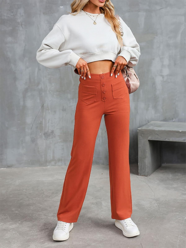 New Women's Casual High Waist Button Straight Leg Pants-[Adult]-[Female]-Orange Red-S-2022 Online Blue Zone Planet