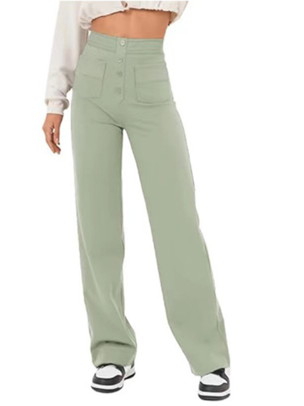 New Women's Casual High Waist Button Straight Leg Pants-[Adult]-[Female]-Pea green grey-S-2022 Online Blue Zone Planet