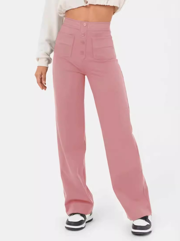 New Women's Casual High Waist Button Straight Leg Pants-[Adult]-[Female]-Pink-S-2022 Online Blue Zone Planet