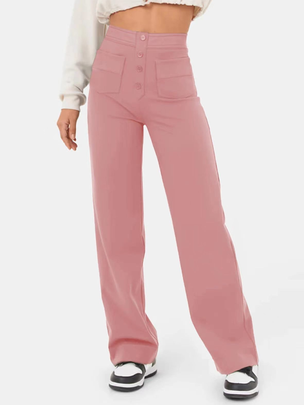 New Women's Casual High Waist Button Straight Leg Pants-[Adult]-[Female]-2022 Online Blue Zone Planet