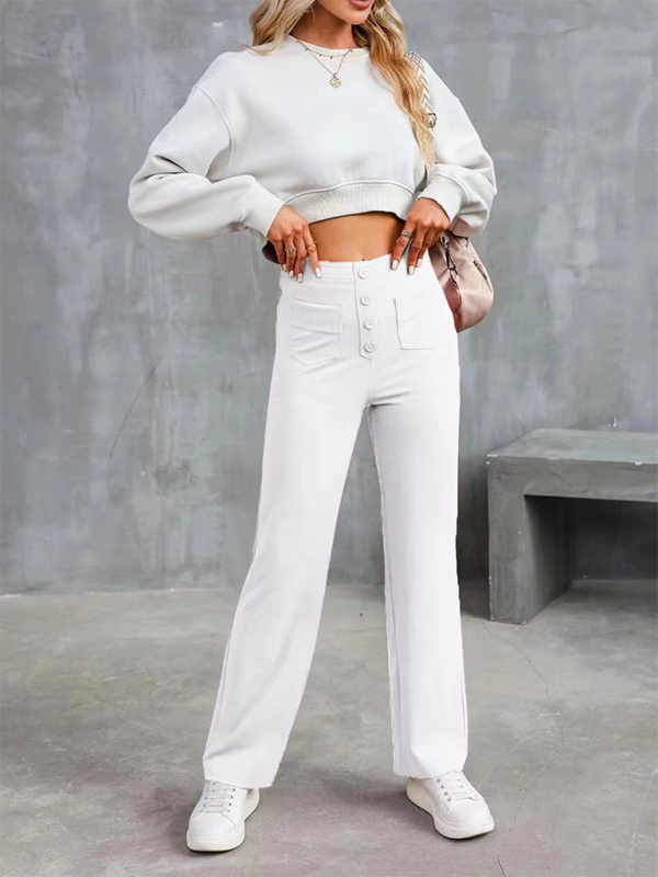 New Women's Casual High Waist Button Straight Leg Pants-[Adult]-[Female]-White-S-2022 Online Blue Zone Planet