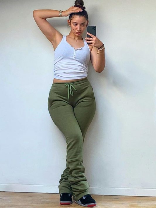 Women's Solid Color High Waisted Shrink Pleat Drawstring Casual Stacked Pants-[Adult]-[Female]-Olive green-S-2022 Online Blue Zone Planet