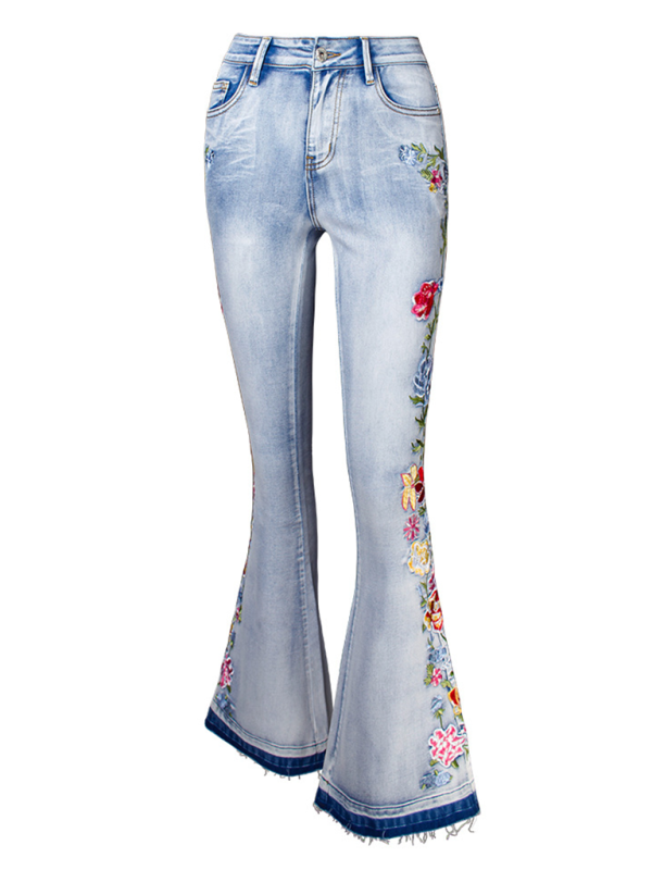 Floral Embroidered Denim Flare Pants-[Adult]-[Female]-2022 Online Blue Zone Planet