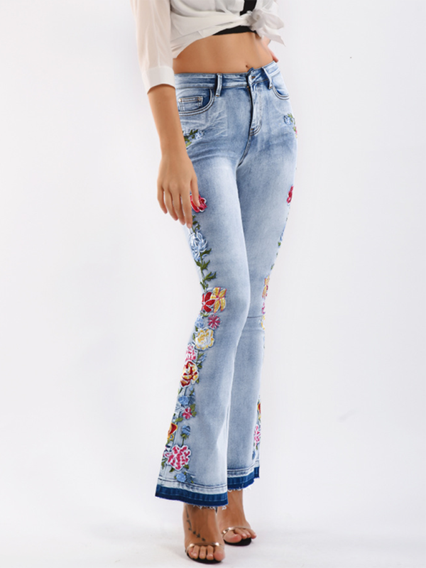 Floral Embroidered Denim Flare Pants-[Adult]-[Female]-Clear blue-S-2022 Online Blue Zone Planet