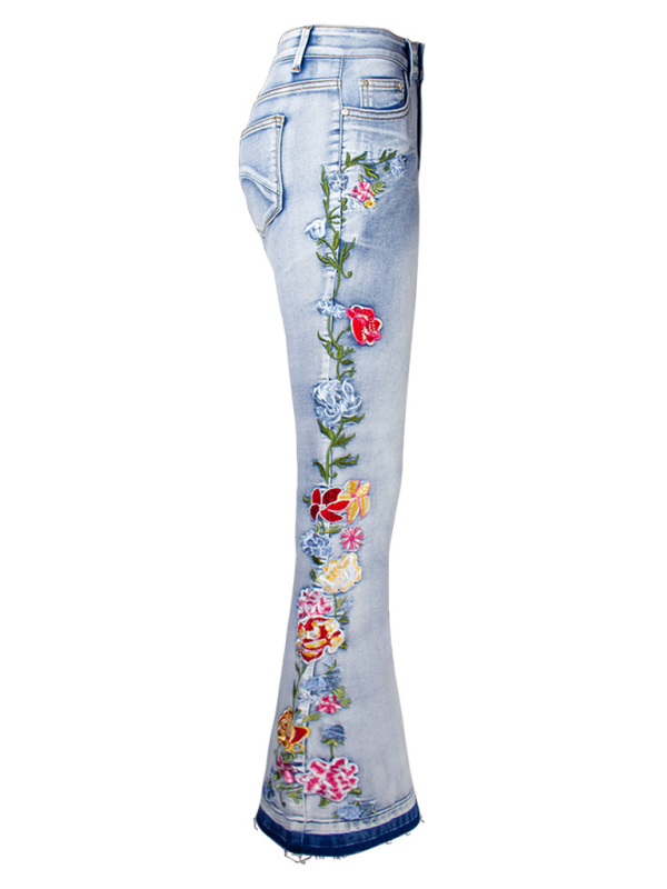 Floral Embroidered Denim Flare Pants-[Adult]-[Female]-2022 Online Blue Zone Planet