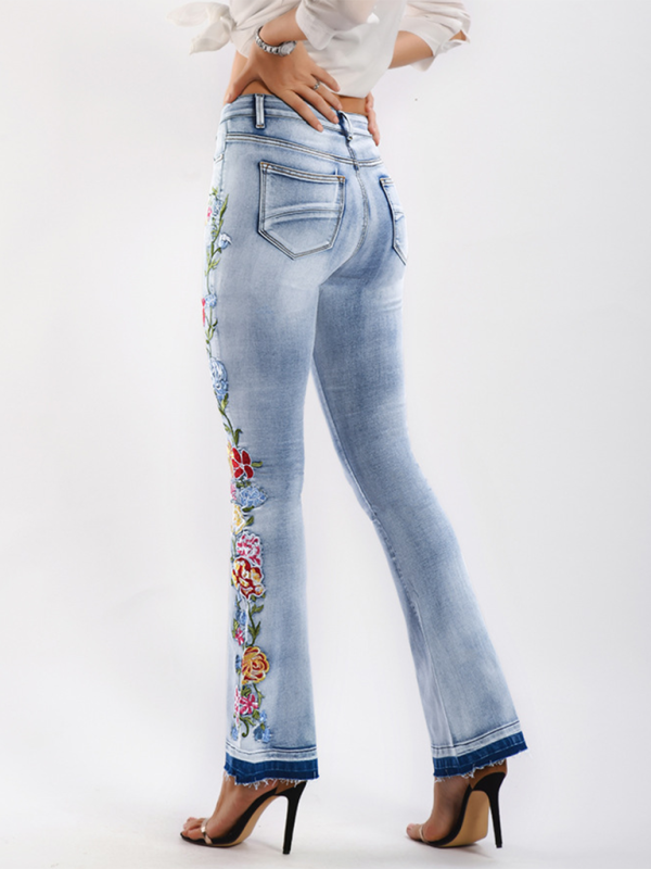 Floral Embroidered Denim Flare Pants-[Adult]-[Female]-2022 Online Blue Zone Planet