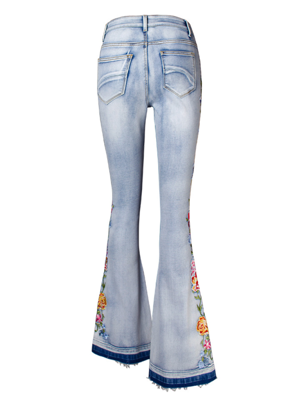 Floral Embroidered Denim Flare Pants-[Adult]-[Female]-2022 Online Blue Zone Planet