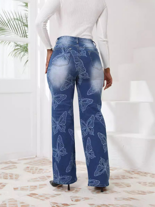 New Butterfly Printed High Waisted Straight Leg Denim Trousers-[Adult]-[Female]-Blue-S-2022 Online Blue Zone Planet