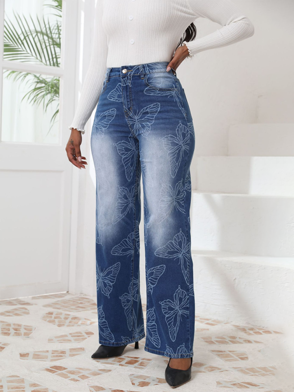 New Butterfly Printed High Waisted Straight Leg Denim Trousers-[Adult]-[Female]-2022 Online Blue Zone Planet