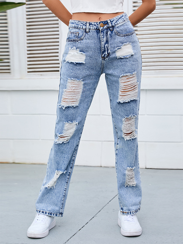 Women's denim washed and whitened mid-waist ripped denim pants-[Adult]-[Female]-2022 Online Blue Zone Planet