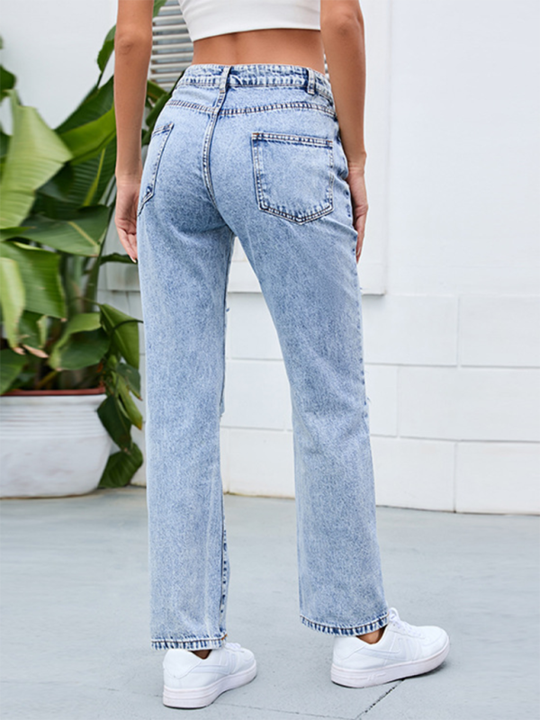 Women's denim washed and whitened mid-waist ripped denim pants-[Adult]-[Female]-2022 Online Blue Zone Planet