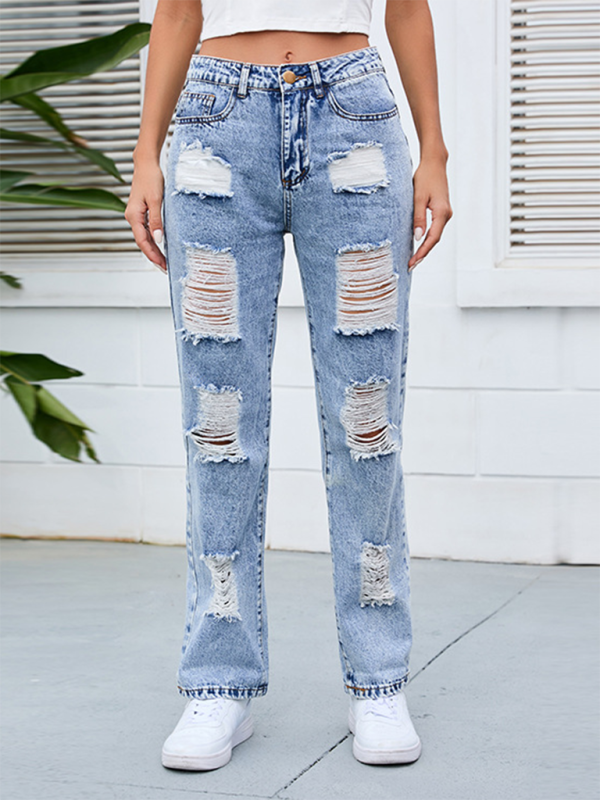 Women's denim washed and whitened mid-waist ripped denim pants-[Adult]-[Female]-2022 Online Blue Zone Planet