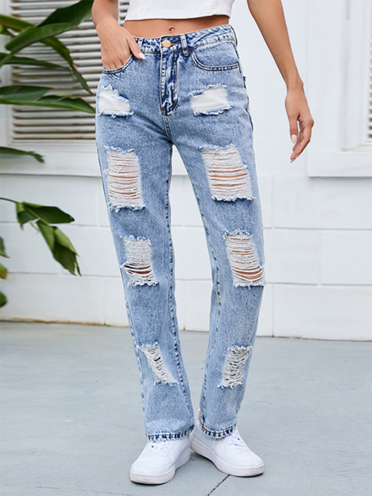 Women's denim washed and whitened mid-waist ripped denim pants-[Adult]-[Female]-Blue-S-2022 Online Blue Zone Planet