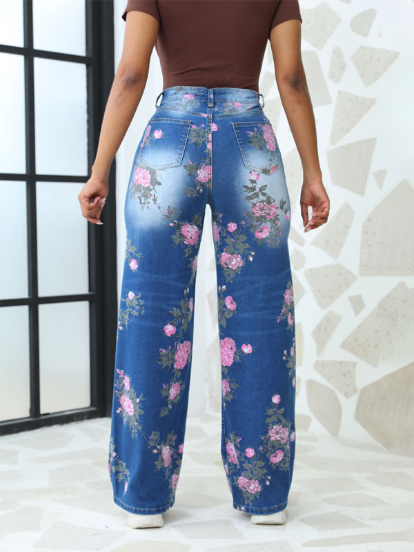 Floral Printed Wide Leg Pants Women's Jeans-[Adult]-[Female]-2022 Online Blue Zone Planet