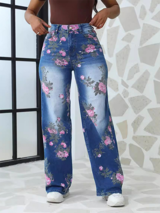 Floral Printed Wide Leg Pants Women's Jeans-[Adult]-[Female]-Blue-S-2022 Online Blue Zone Planet