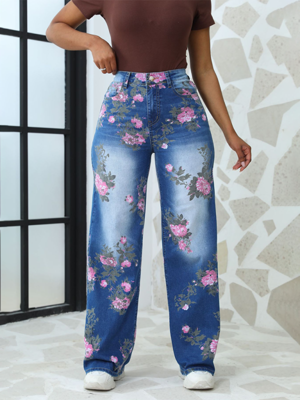 Floral Printed Wide Leg Pants Women's Jeans-[Adult]-[Female]-2022 Online Blue Zone Planet