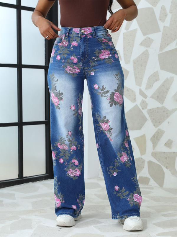 Floral Printed Wide Leg Pants Women's Jeans-[Adult]-[Female]-2022 Online Blue Zone Planet